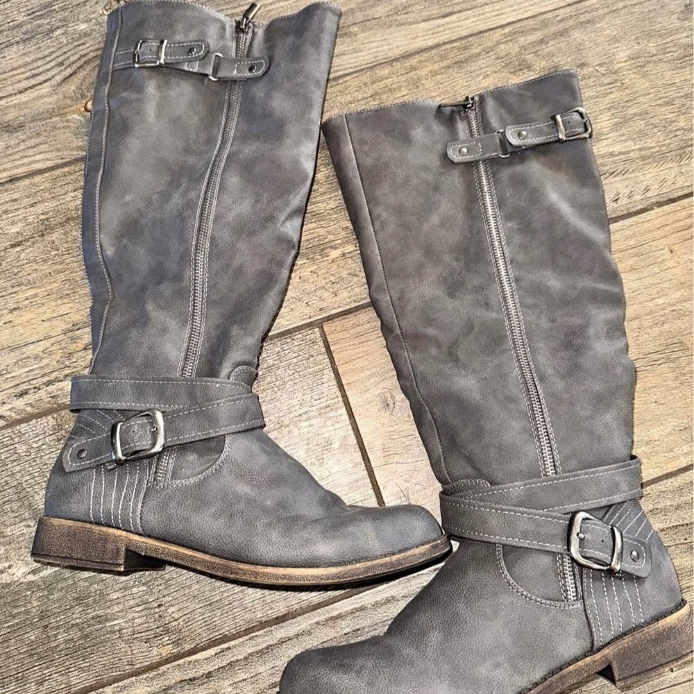 Women's Gray Over-the-Knee Buckle Riding Boots